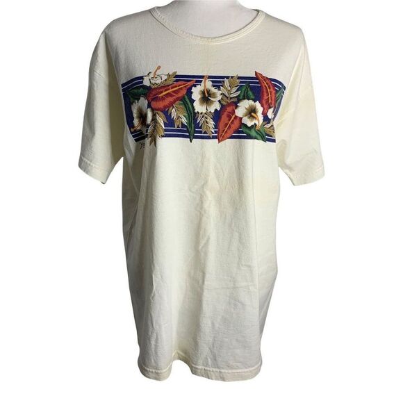 Vintage Hawaiian T Shirt Shorts Set XL Cream Floral Short Sleeve Aloha Tiki Time - Picture 2 of 9